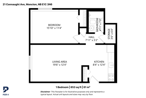 Floor plan for 1 bed, 1 bath